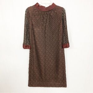 Vintage 1960s-1970s Jackie Kennedy Lace Overlay Knee Length Dress, Small, Brown